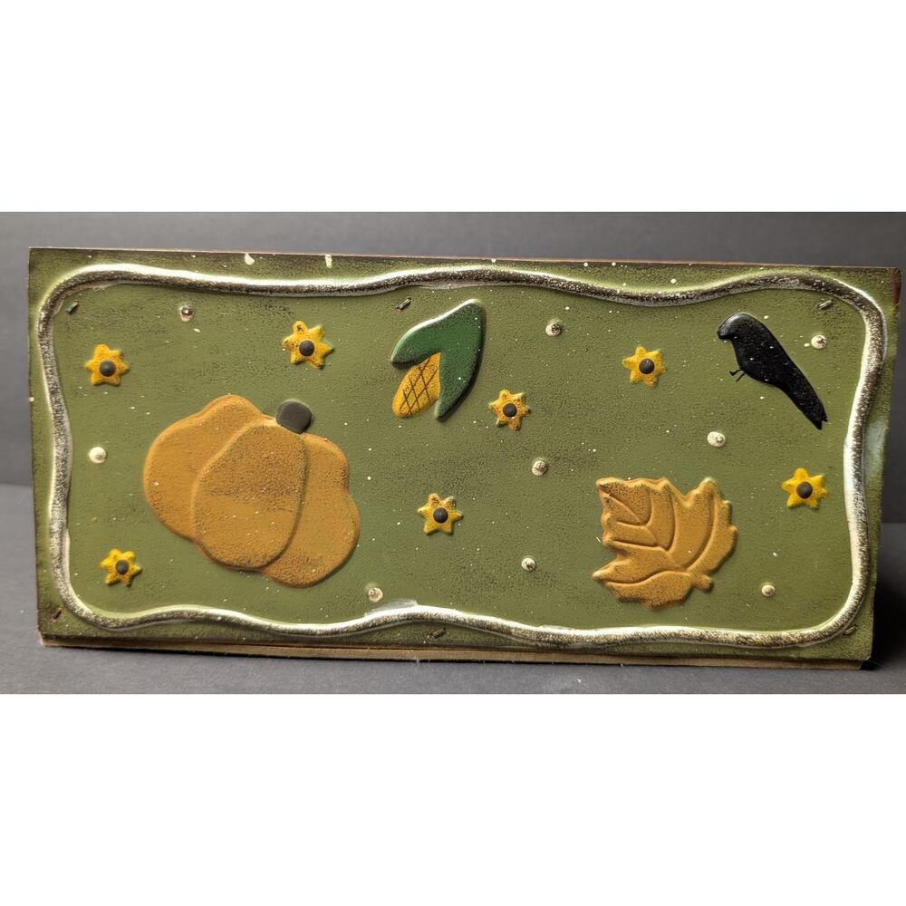 Vtg Autumn Metal Wood Crate Box Distressed Fall Decor Harvest Rustic Cottage